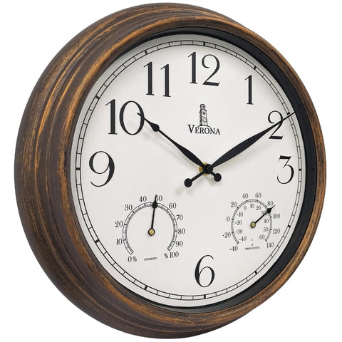 Lovely Home Essentials outdoor clock with 14-inch dial for clear patio viewing.