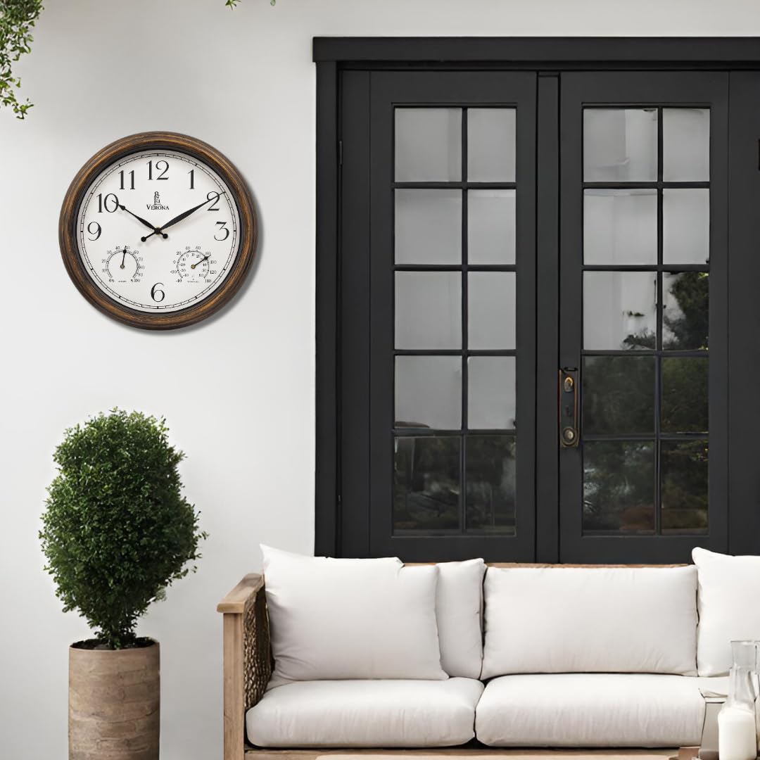 Lovely Home Essentials outdoor clock shows temperature with a readable thermometer.