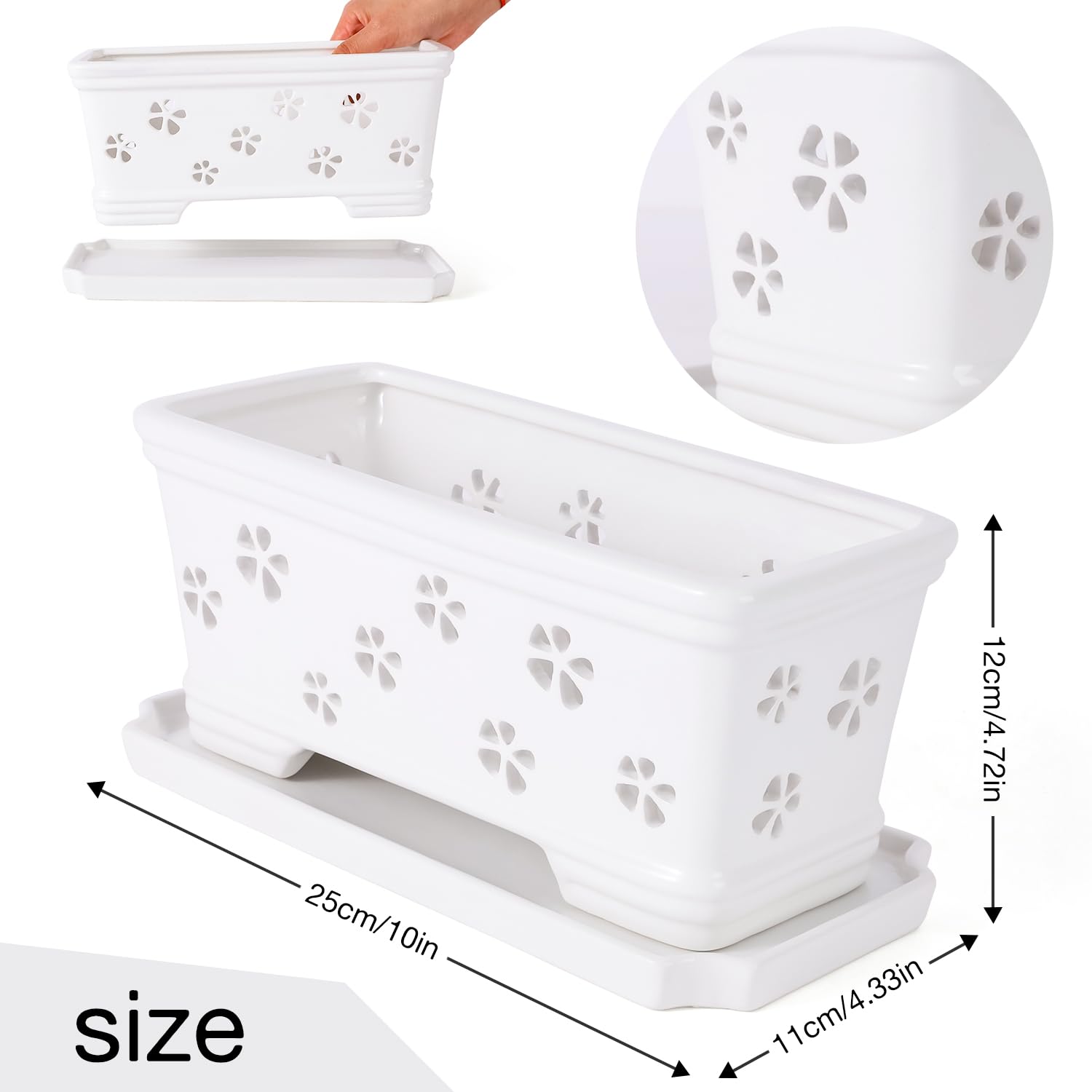 Lovely Ran orchid pot side view highlighting drainage hole and matching saucer.