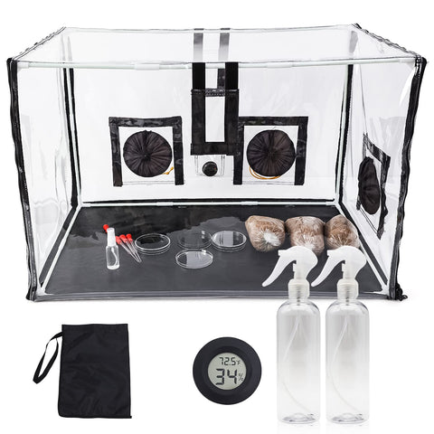 Lovely Ran large still air box mushroom tent for clear growth observation in home cultivation.