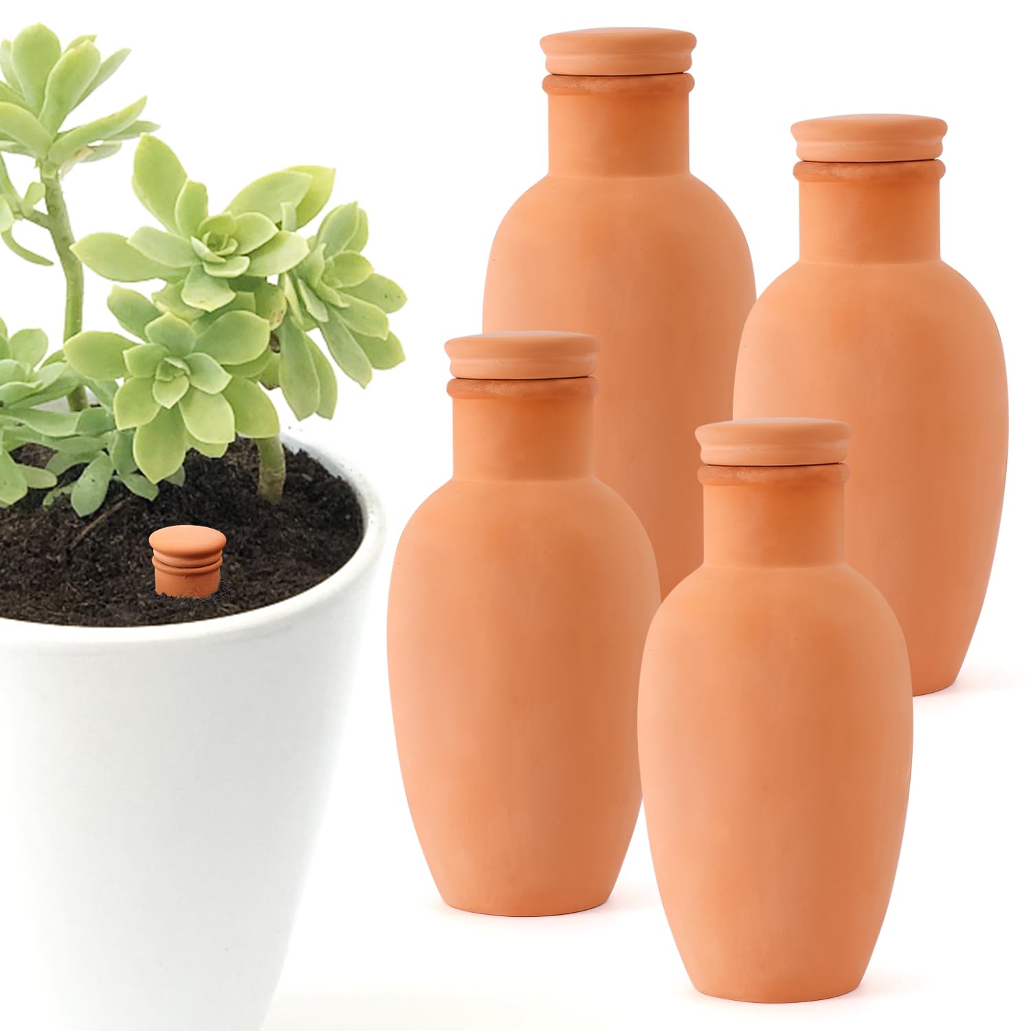 Lovely Ran Ollas 4pc set on pots showing water-efficient irrigation for containers