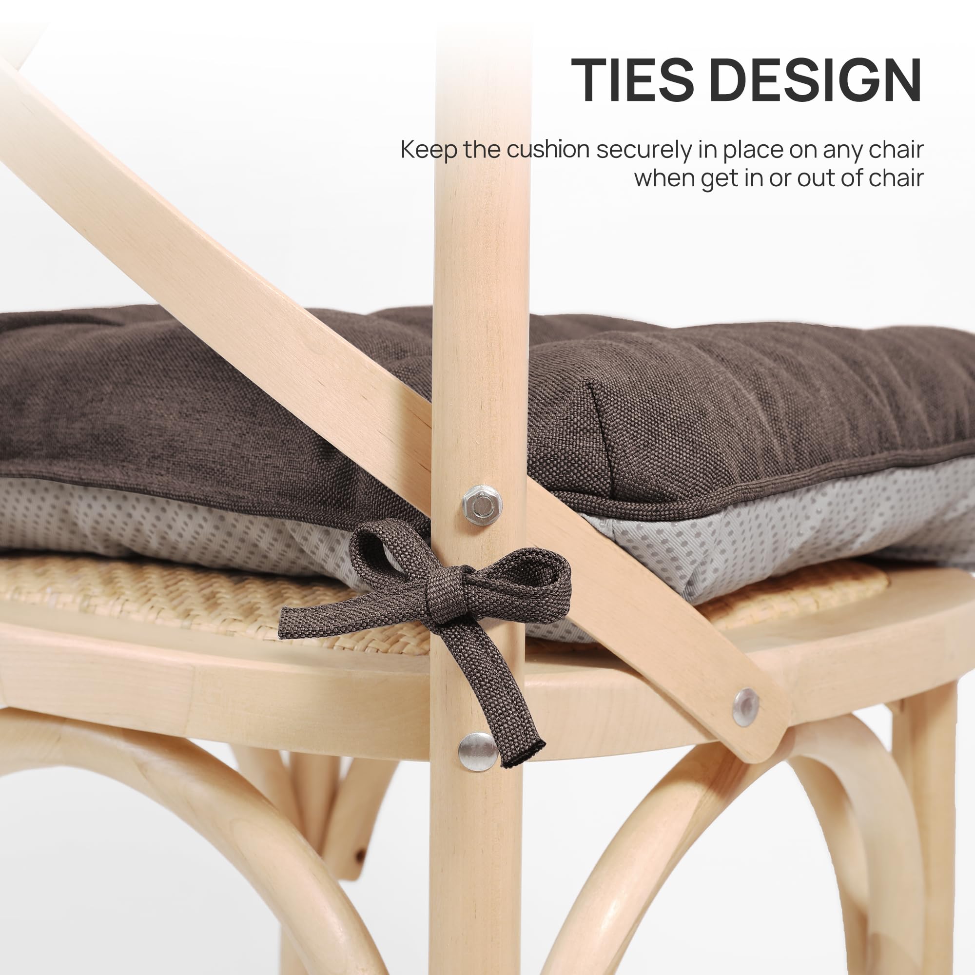 Love's cabin chair pad with non-slip bottom and ties stays secure on chairs.