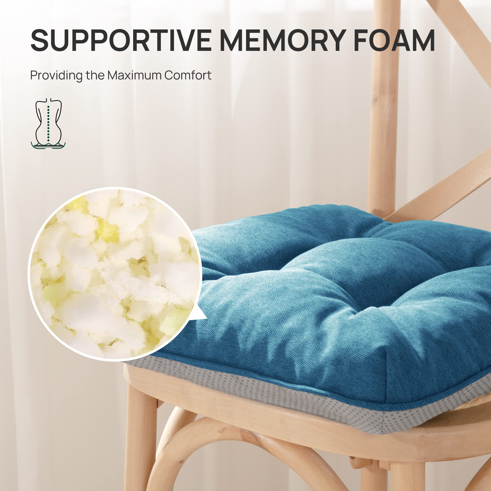 Love's cabin blue memory foam cushions on office chair provide support.