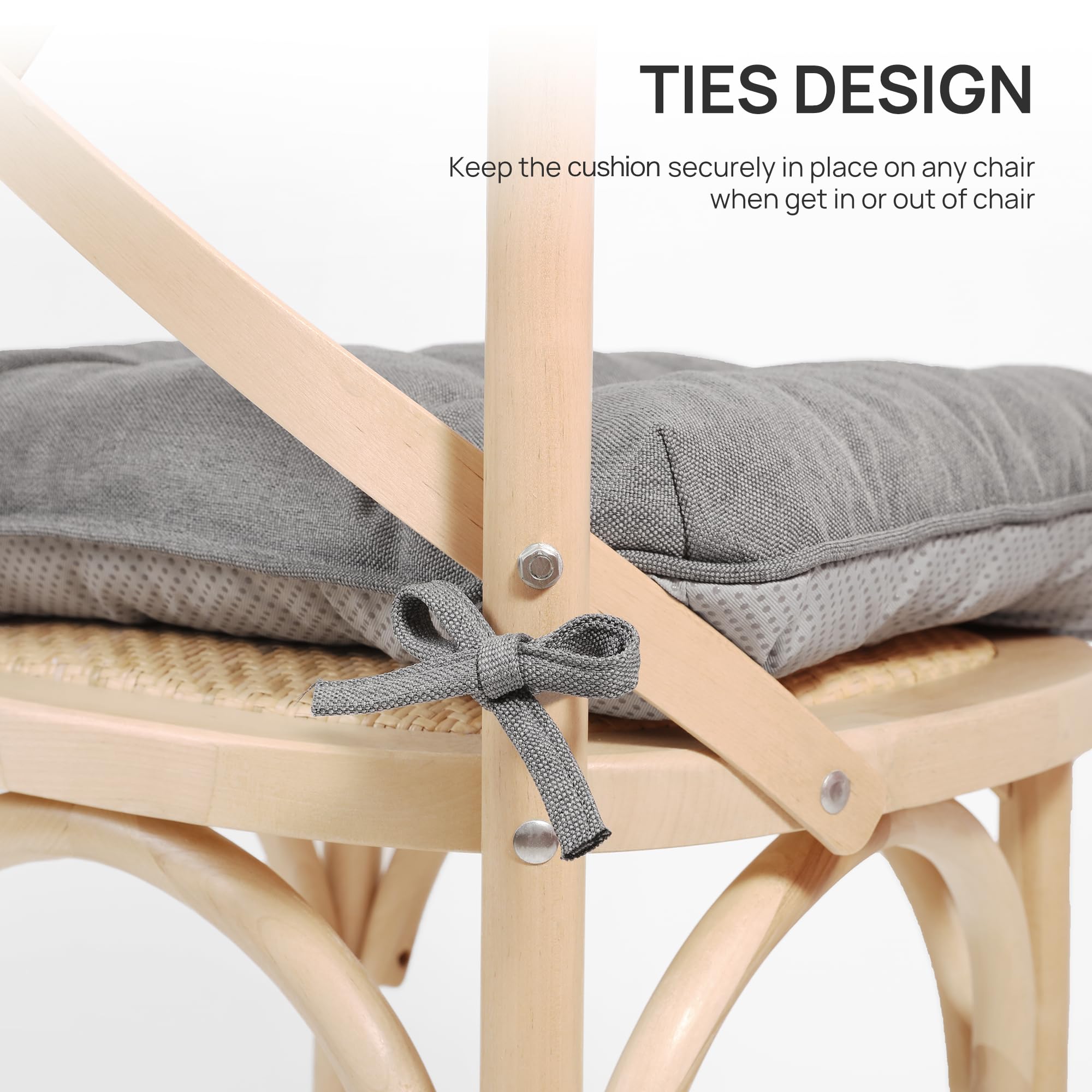 Love's cabin memory foam chair cushions with attached ties, staying in place during use.