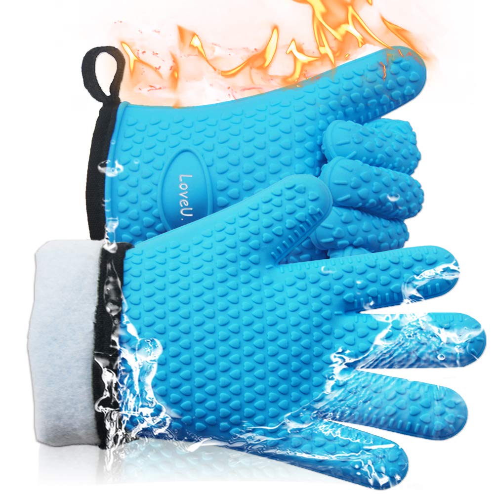Loveuing kitchen oven gloves with dual-layer silicone provide heat resistance and secure grip.