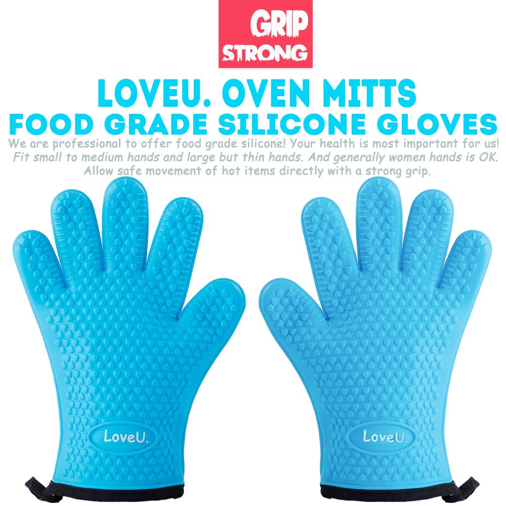 Loveuing silicone oven mitts with jersey lining offer comfortable, flexible handling.