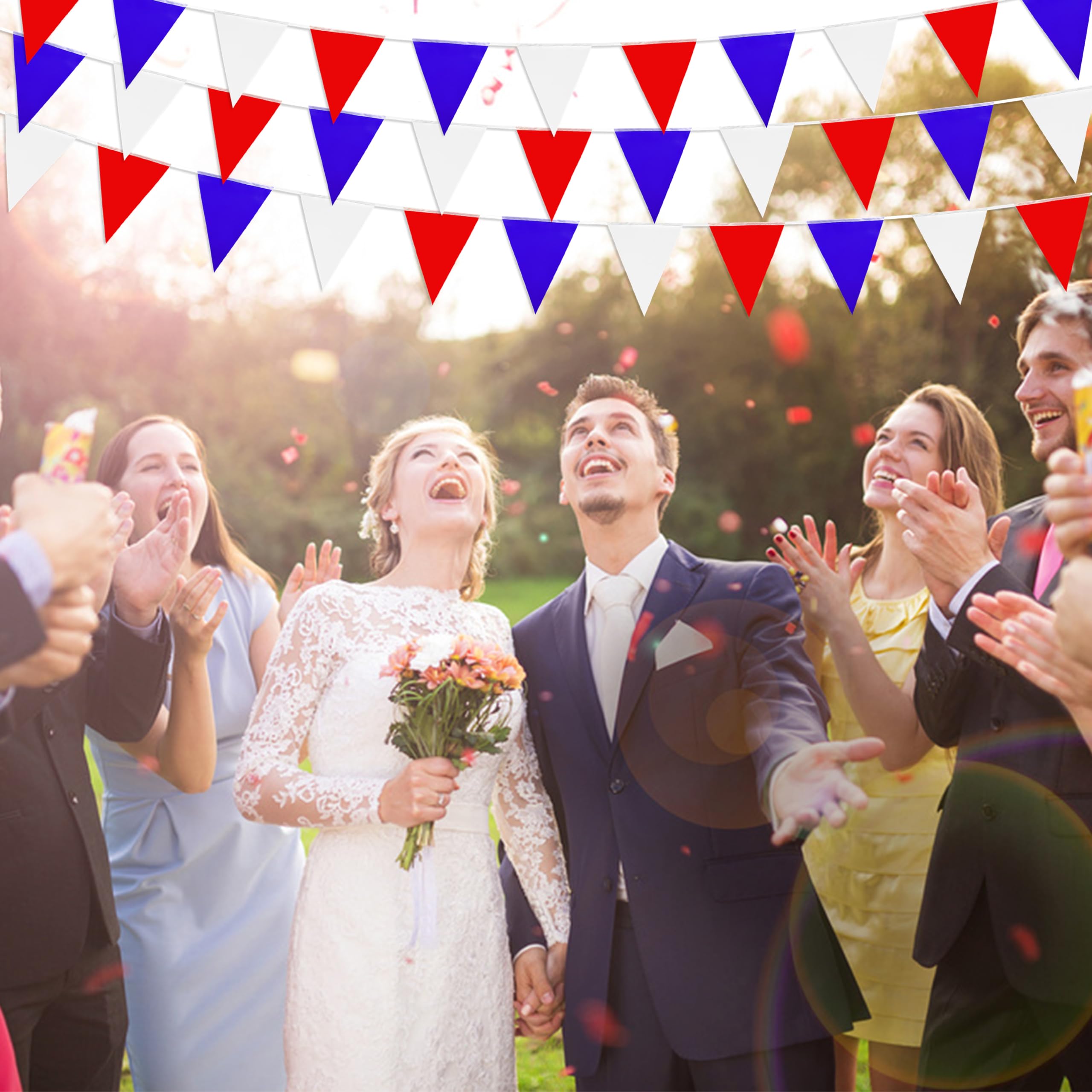 Outdoor garden party setup featuring LoveVC pennant banner