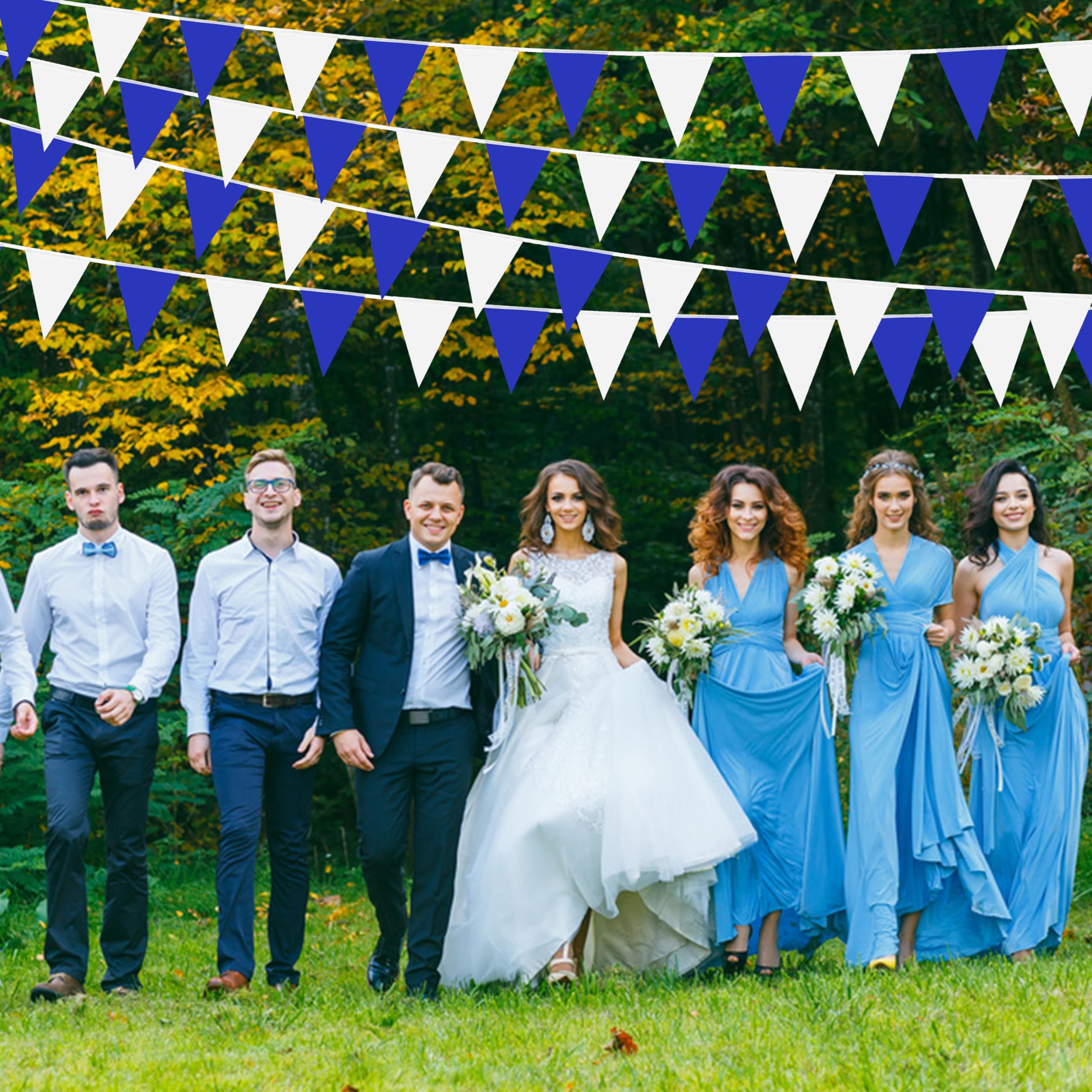 LoveVC pennant banner wedding decor setup with blue and white flags