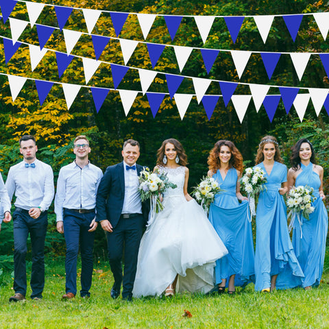 LoveVC pennant banner wedding decor setup with blue and white flags