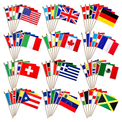 LoveVC world flags collection front view on wooden stick for international events.