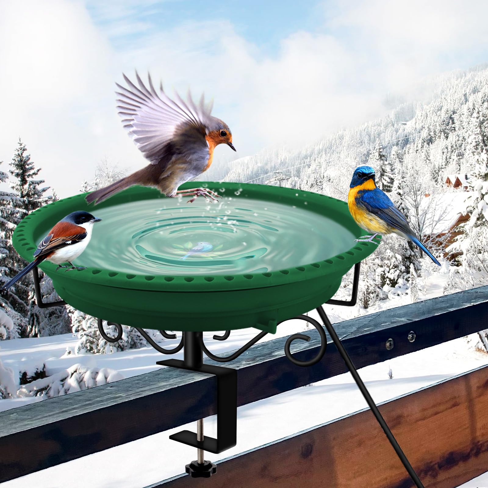 Lovppy heated bird bath on deck railing keeps water flowing in winter