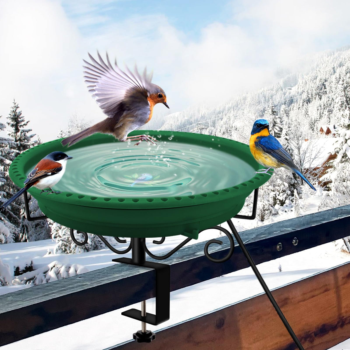 Lovppy heated bird bath on deck railing keeps water flowing in winter