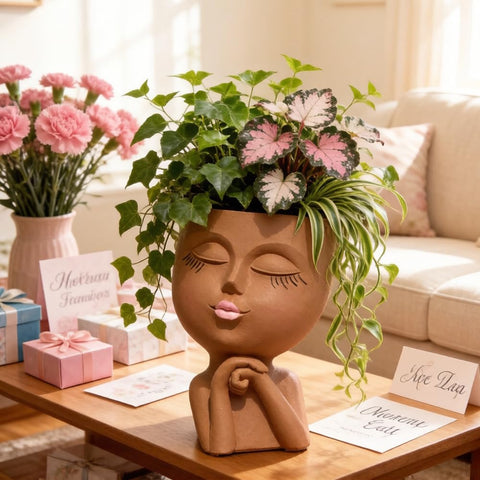 LovTocTic Face Flower Pot Head Planter side angle, adds playful character to home decor