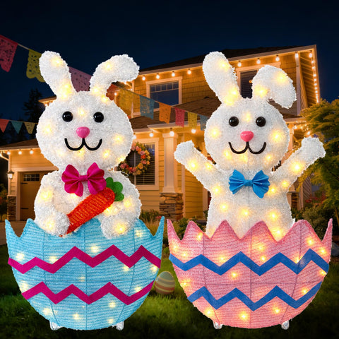 LOVTILAK outdoor Easter bunnies set with two lighted figures brightens lawns for holiday charm