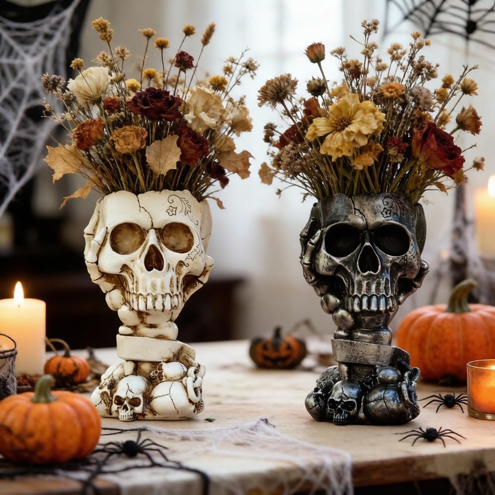 LovTocTic skull planter angled view highlights drainage hole and stability.