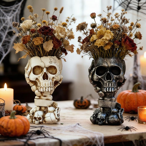 LovTocTic skull planter angled view highlights drainage hole and stability.