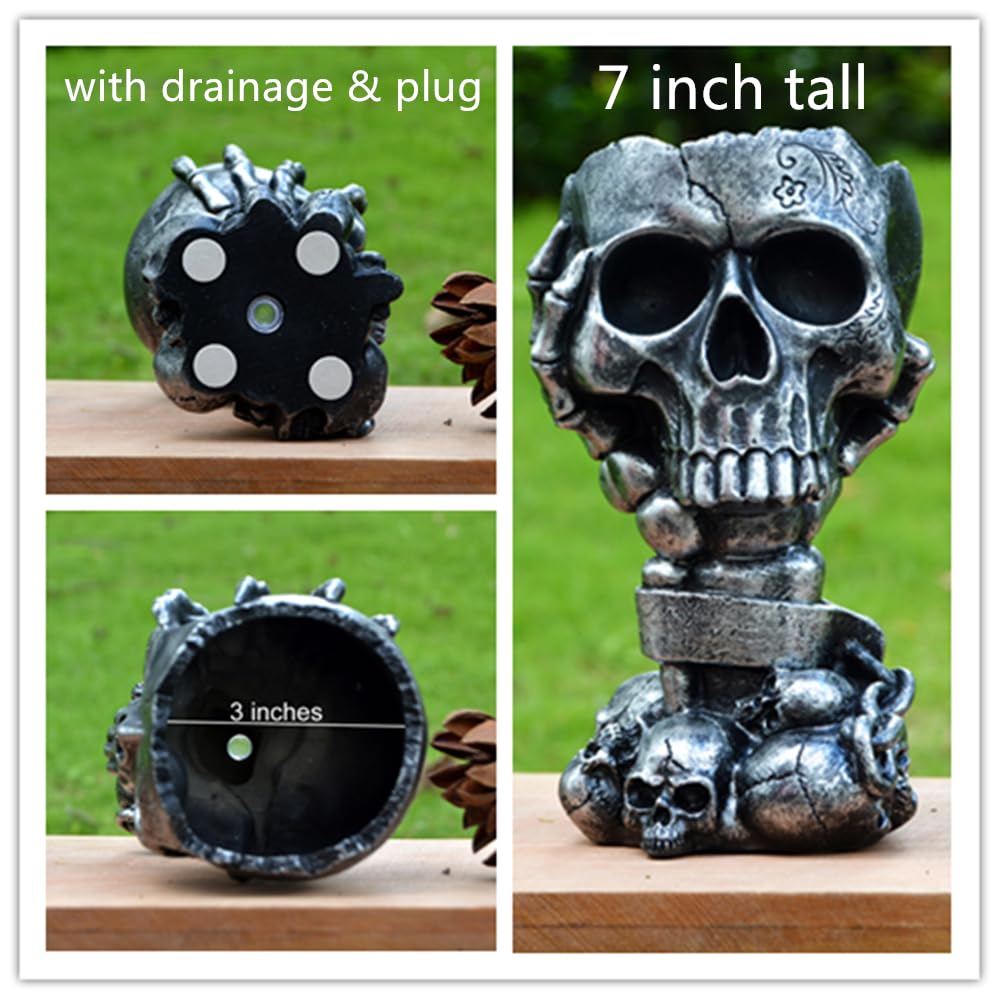 LovTocTic skull planter with drainage hole shows live plant setup potential.