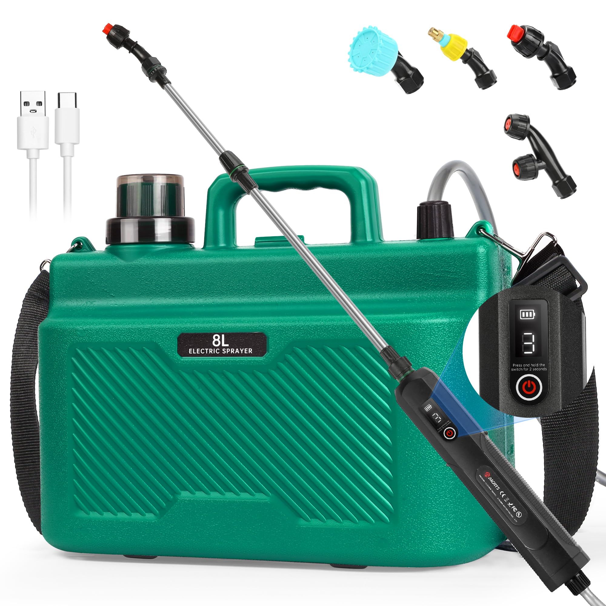 Lovydro 2-gallon electric sprayer with extendable wand for reaching high branches and hanging plants.