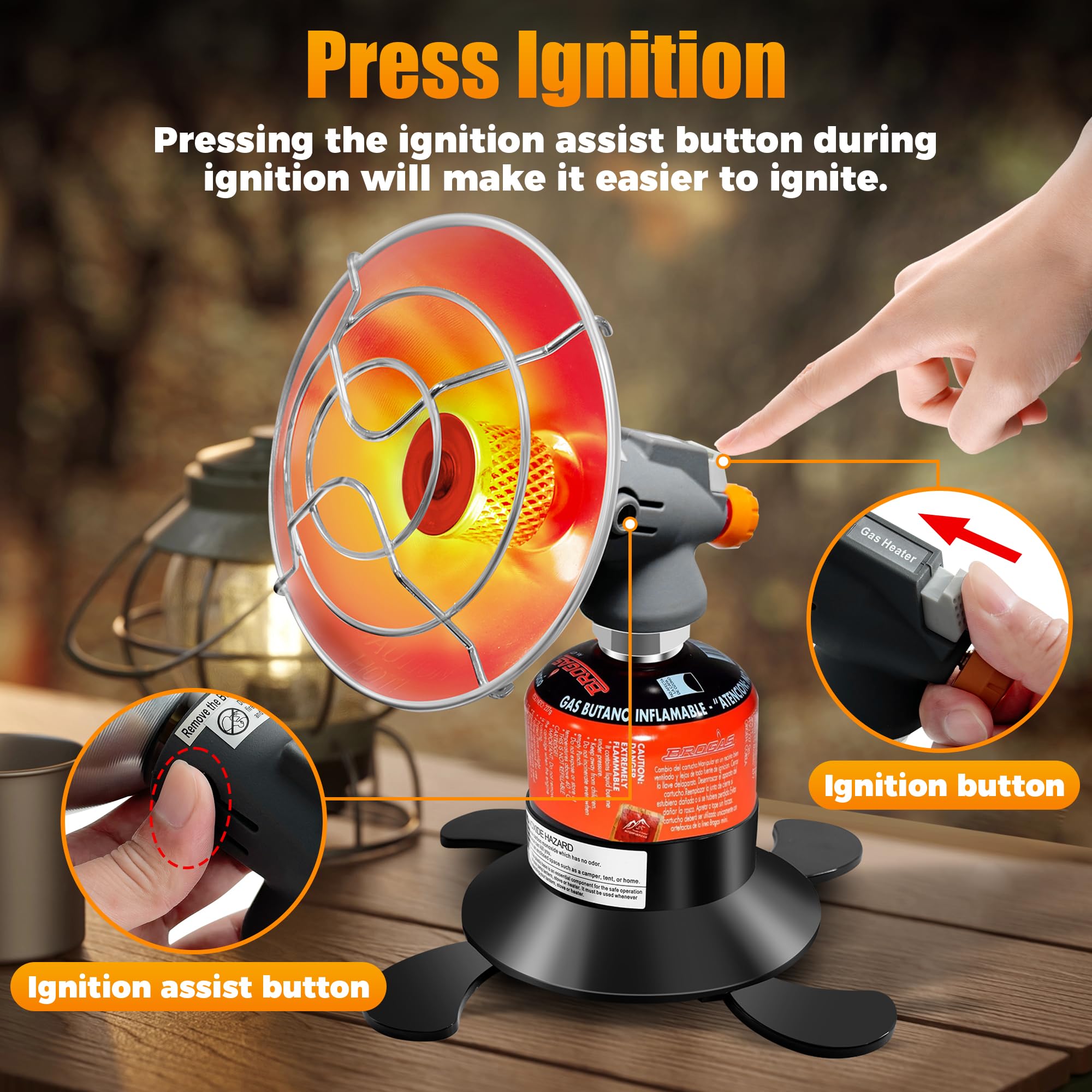 Loyala heater in use with ignition process and adjustable flame.