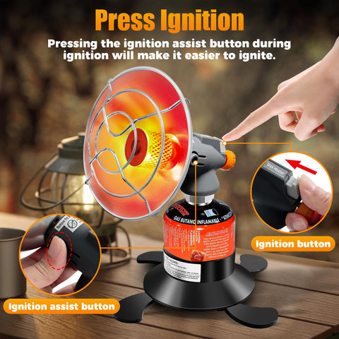Loyala heater in use with ignition process and adjustable flame.