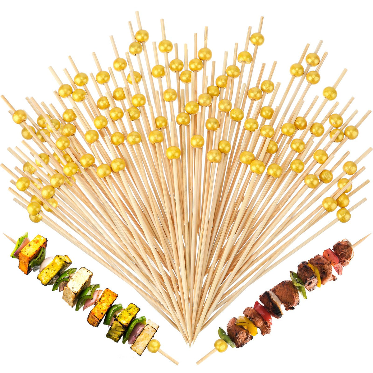 LOYIM 100-pack 6-inch gold pearl cocktail picks for elegant appetizers and desserts.