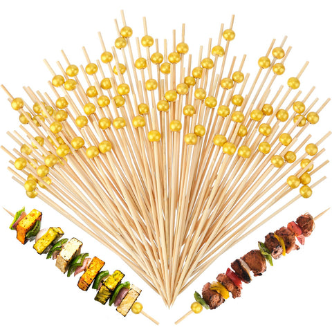 LOYIM 100-pack 6-inch gold pearl cocktail picks for elegant appetizers and desserts.