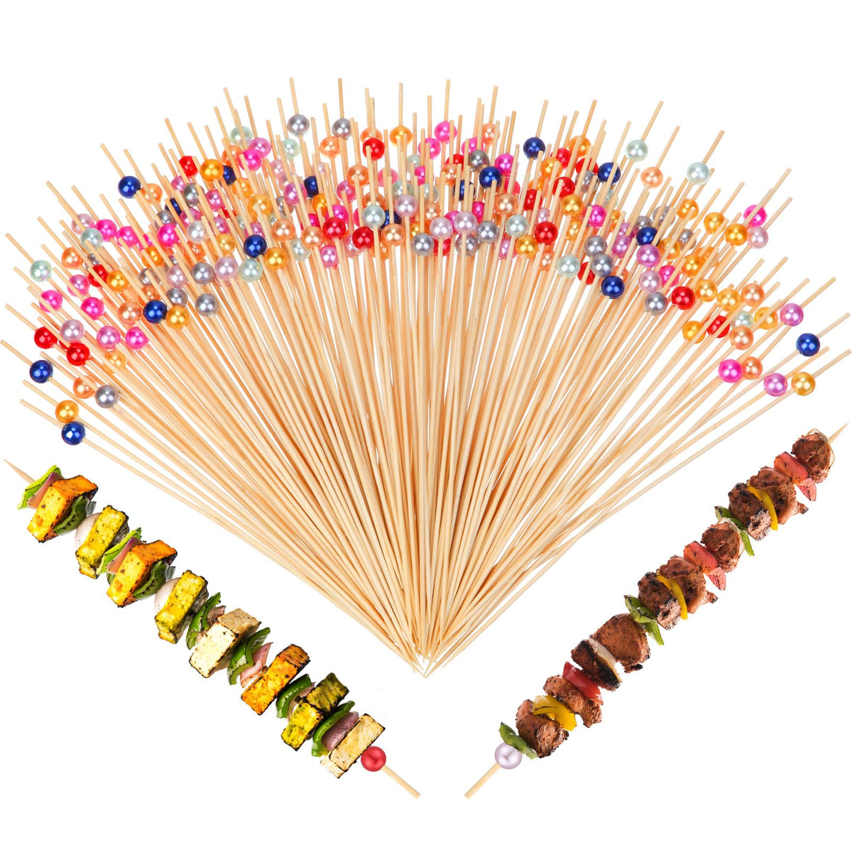 LOYIM 8-inch bamboo cocktail picks with gold pearl finish for elegant appetizers.