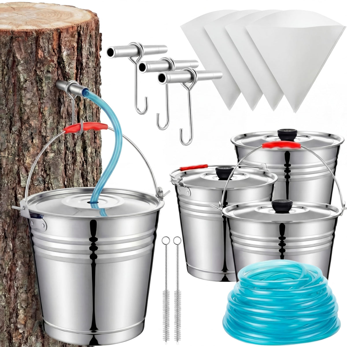 LOYIM maple sap tapping kit metal buckets ready for durable sap collection.