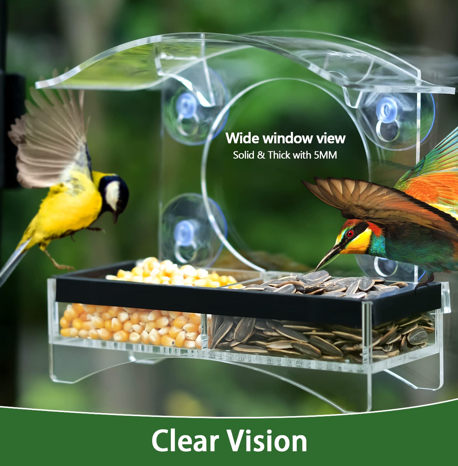 Loz Silan window feeder shows transparent housing for clear bird views.