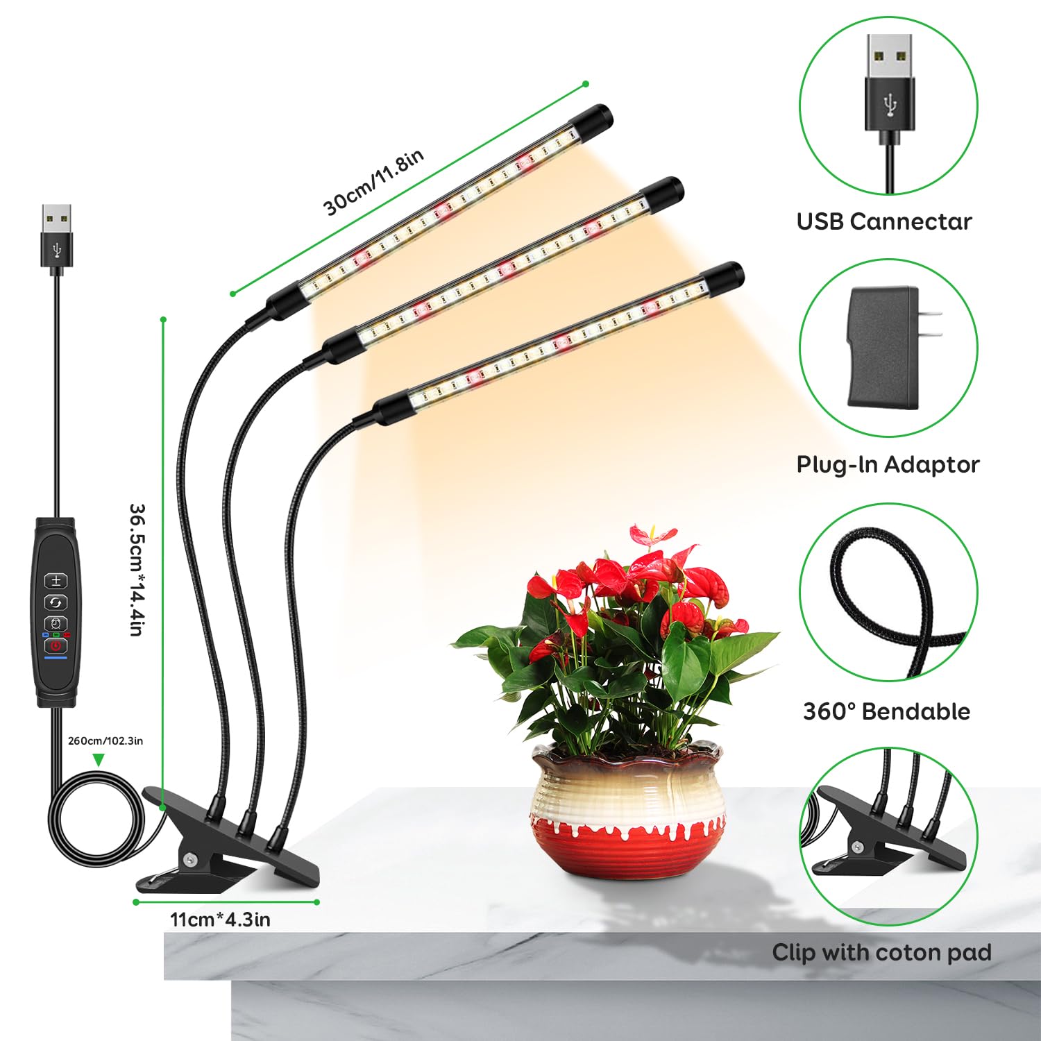 LPMZMBL 360° gooseneck provides precise light direction for tall plants