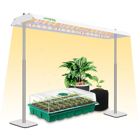 LPMZMBL LED grow light with full-spectrum coverage over seed tray for germination