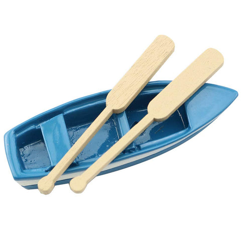 LQ Industrial blue miniature rowboat for dollhouses and gardens as decorative accents.