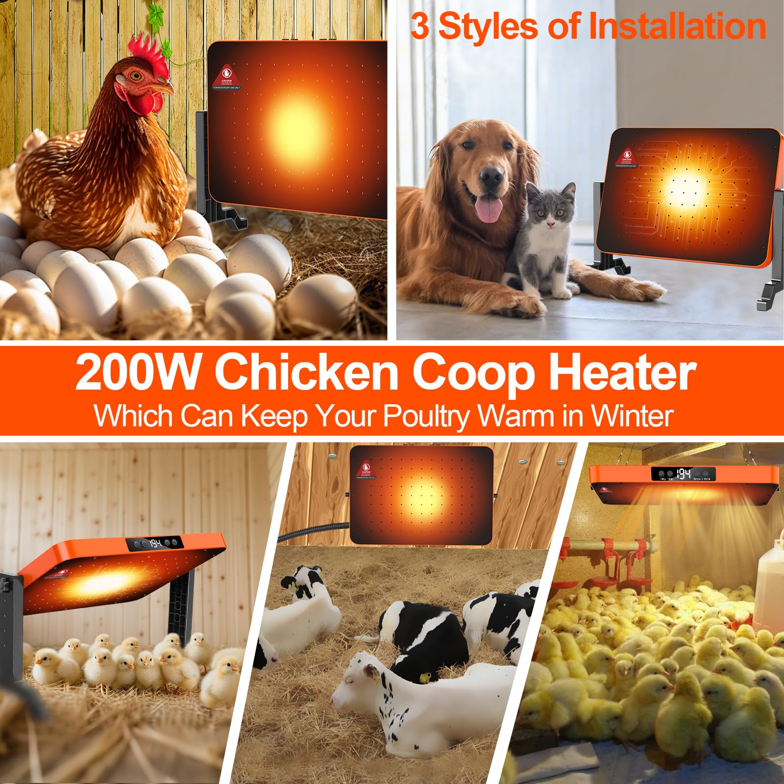 LQTTEK mounting options show standing, hanging, and wall installation in a coop.