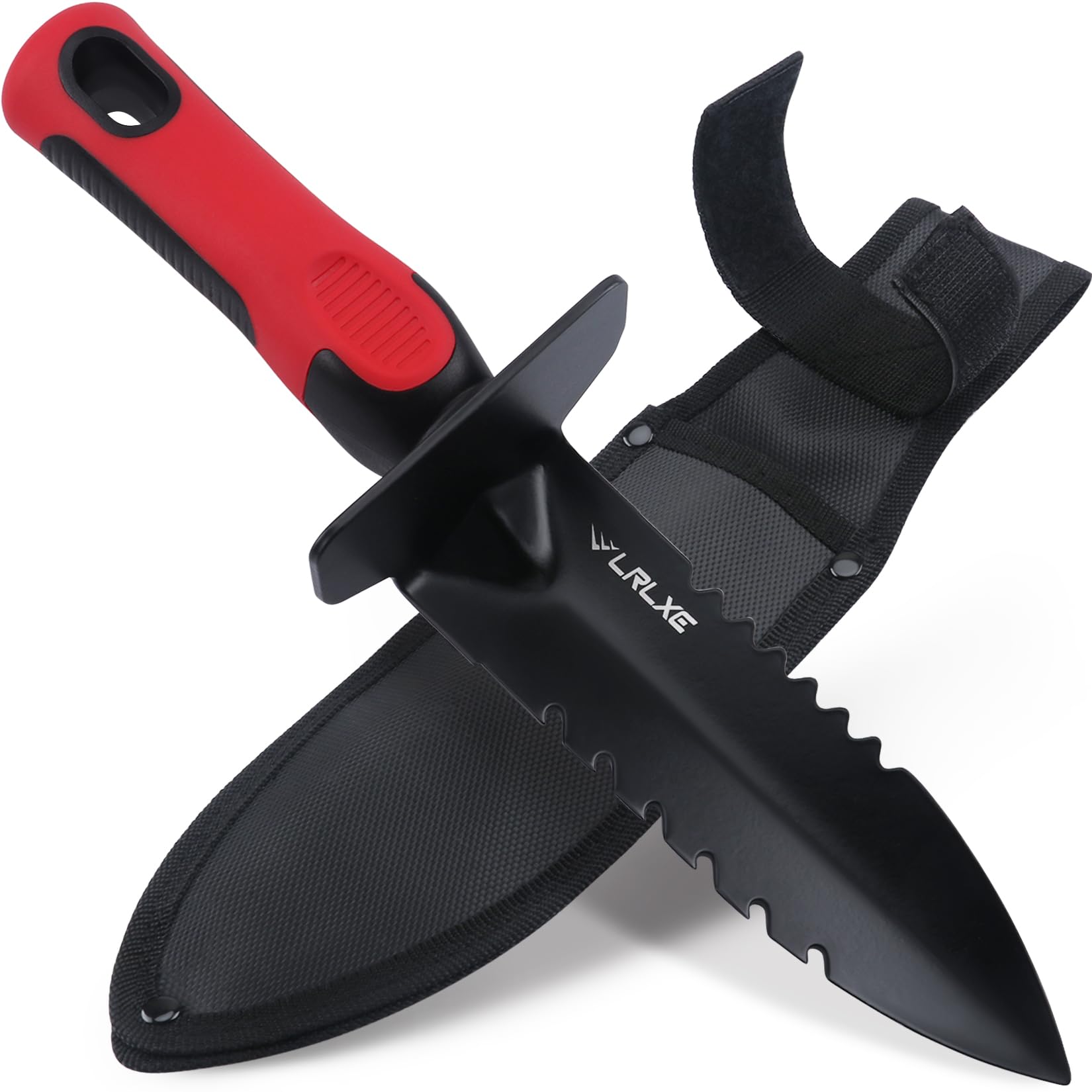 LRLXE metal detector shovel with serrated edge ready for digging and treasure hunting