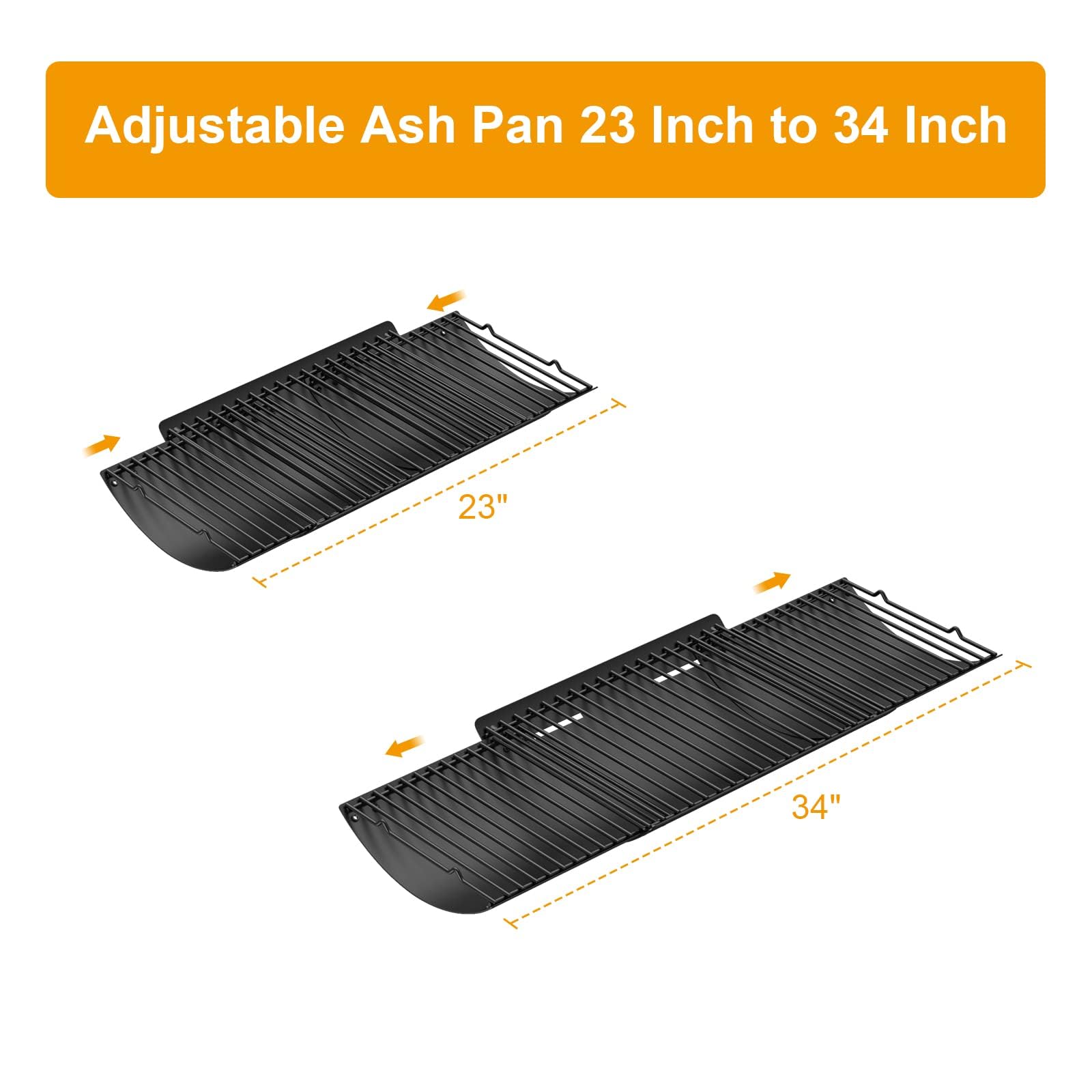 LS'BABQ ash pan shows adjustable length from 23 to 34 inches for flexible setup