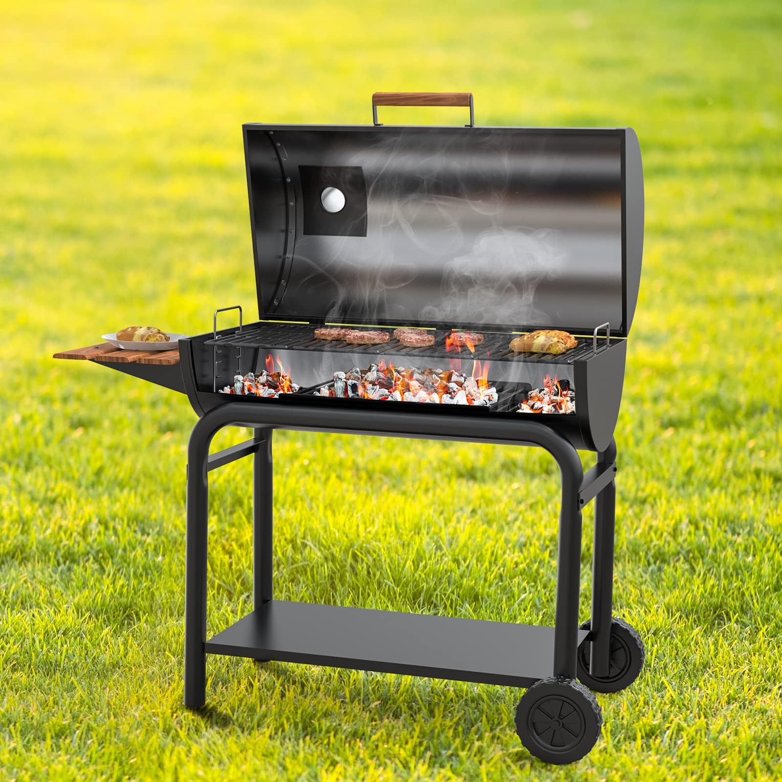 LS'BABQ ash pan installed and in use under a charcoal grate
