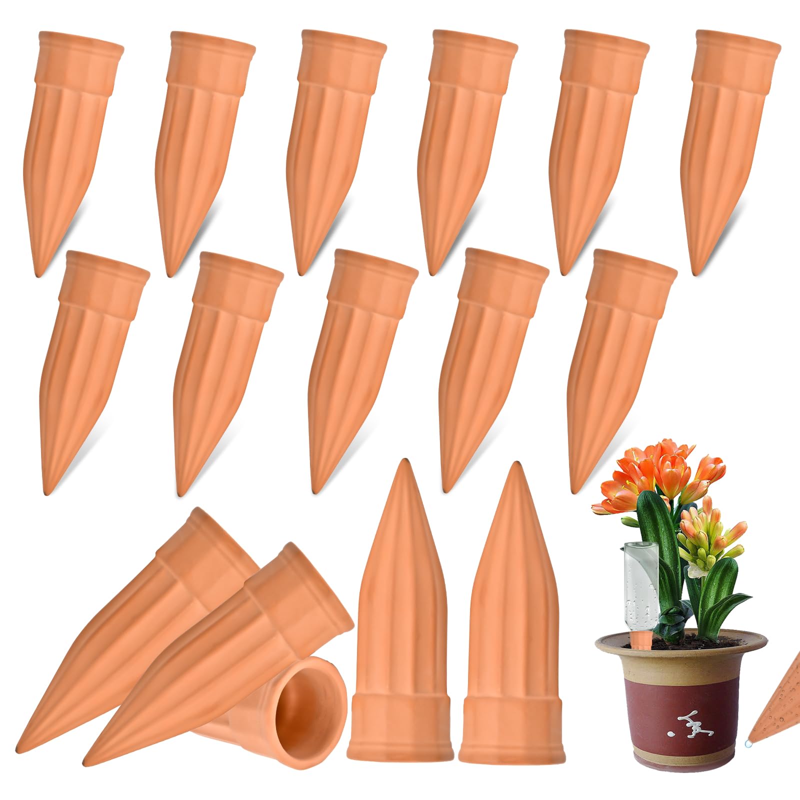 Lsed terracotta self-watering spike in a 16-pack supports steady moisture for plants