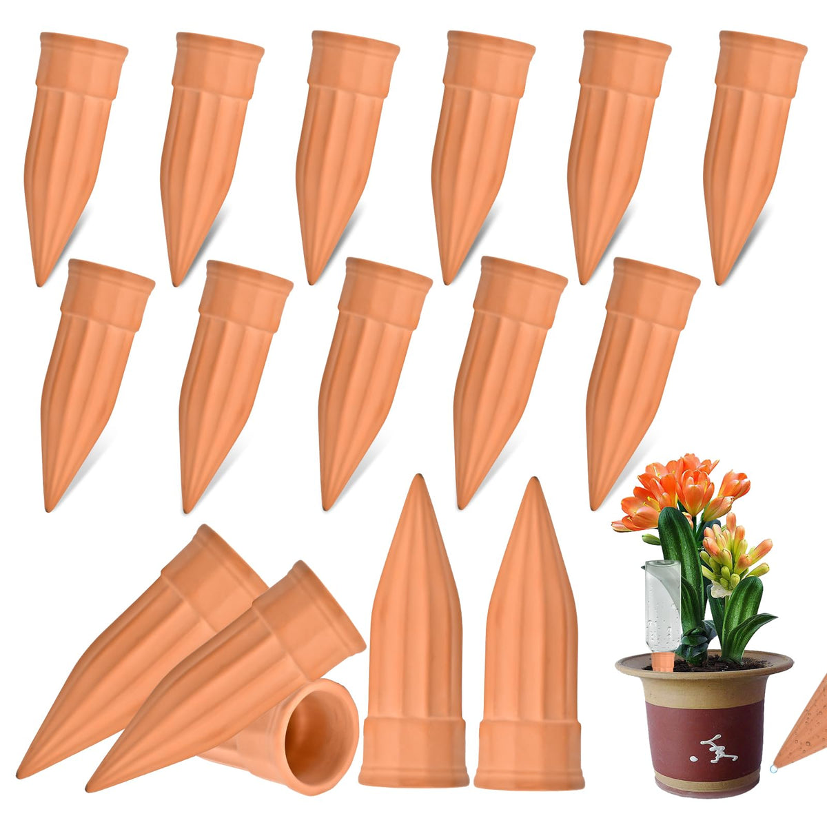 Lsed terracotta self-watering spike in a 16-pack supports steady moisture for plants