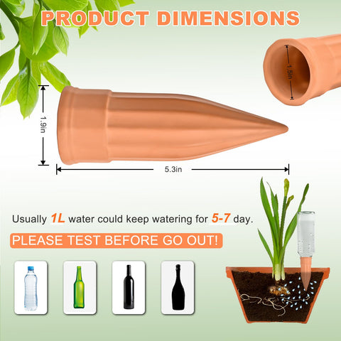 Lsed terracotta spike inserted into soil provides moisture control for roots