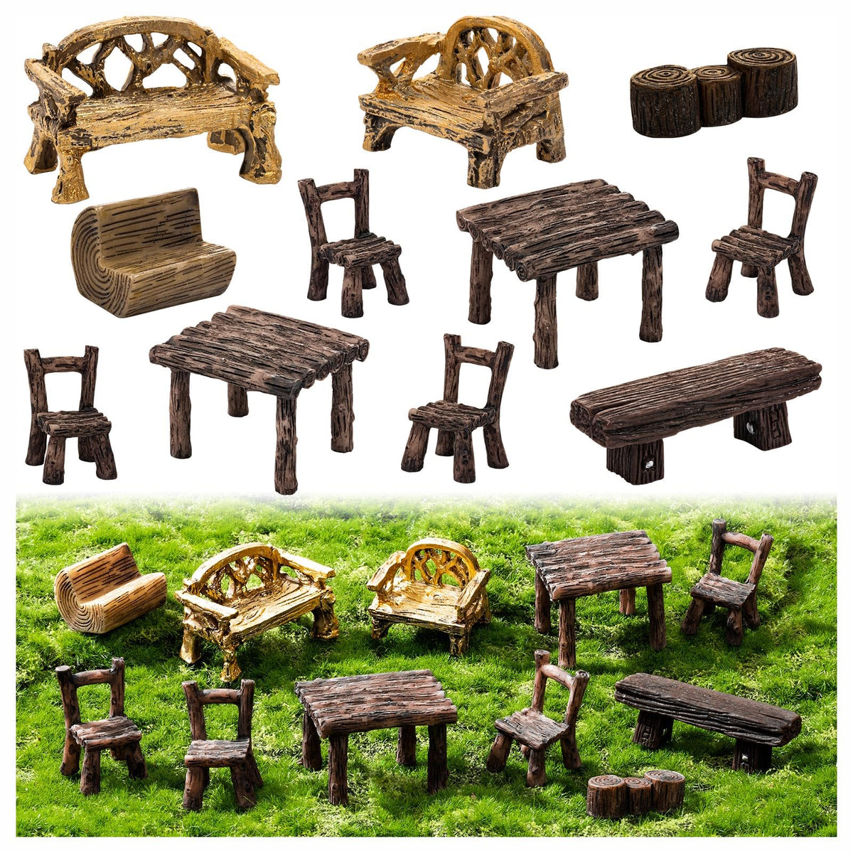 LSGYPAQ 11-piece fairy garden furniture set with table and chairs for durable dollhouse decor.