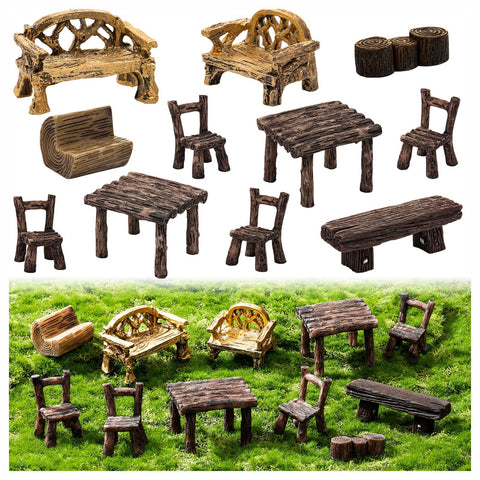 LSGYPAQ 11-piece fairy garden furniture set with table and chairs for durable dollhouse decor.