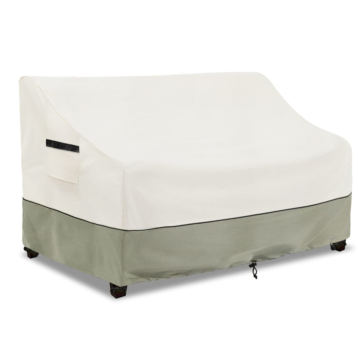 LSongSKY outdoor 2-seater loveseat cover in beige protects patio furniture from sun and rain.