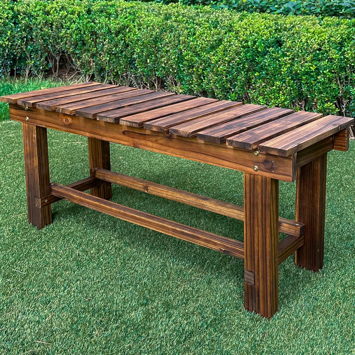 LSPYYDS carbonized outdoor bench front view, weatherproof wood for outdoor spaces