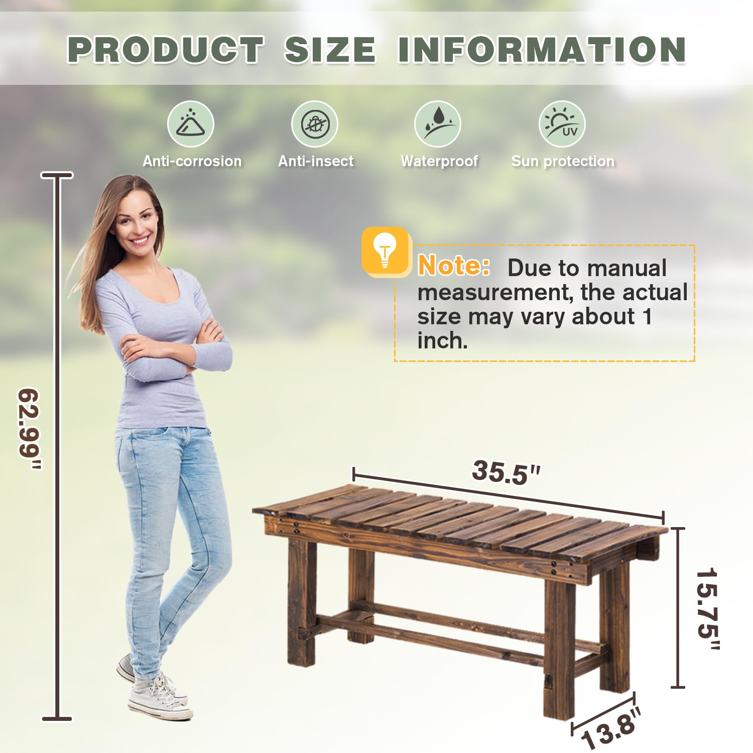 LSPYYDS carbonized bench side view, sturdy design for balcony or garden