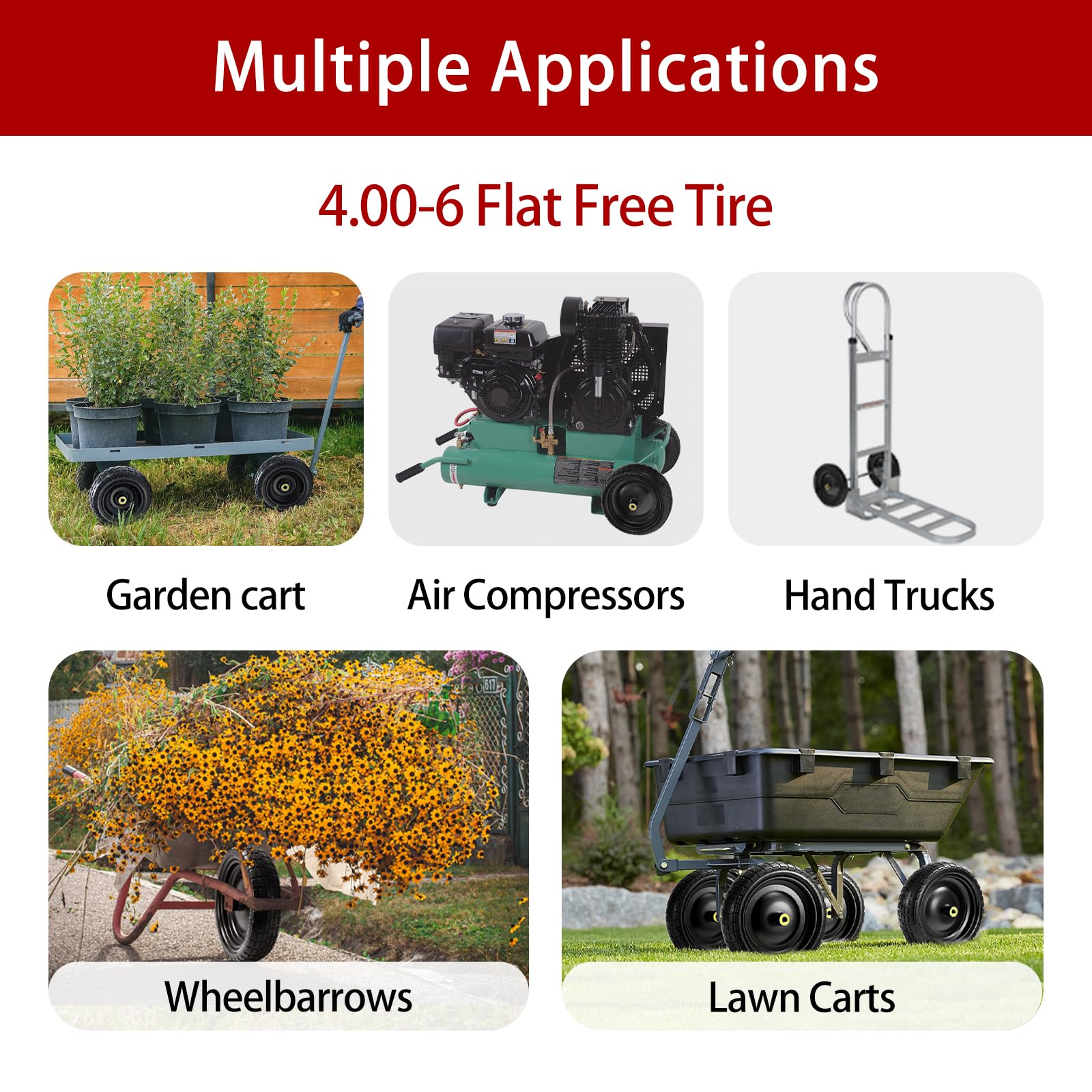 LTNICER 13in solid tire set mounted on Gorilla cart compatibility.