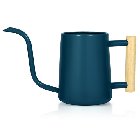 LTSUMI watering can with dark blue body and wooden handle for stylish indoor display and precise pouring