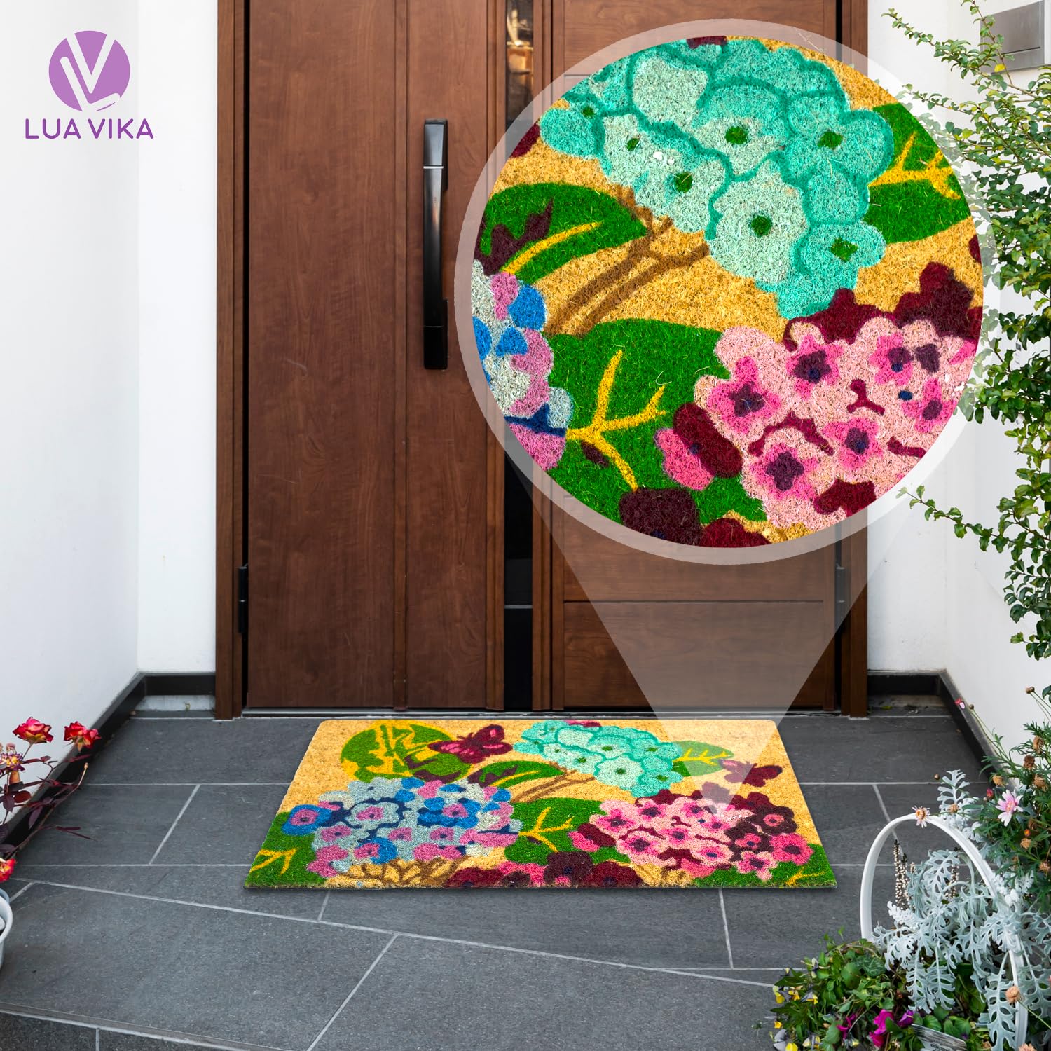 LUA VIKA coir door mat welcomes guests at the front door with a non-slip base.