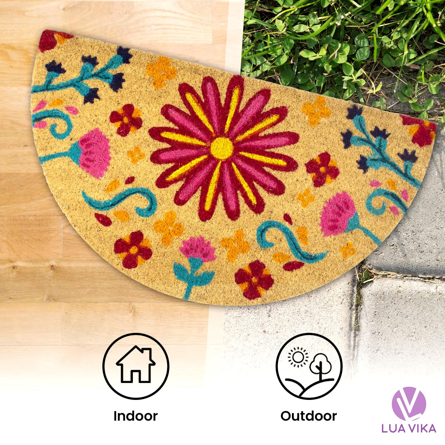 Lua VIKA coir doormat sized 16 by 27.5 inches fits entryways.