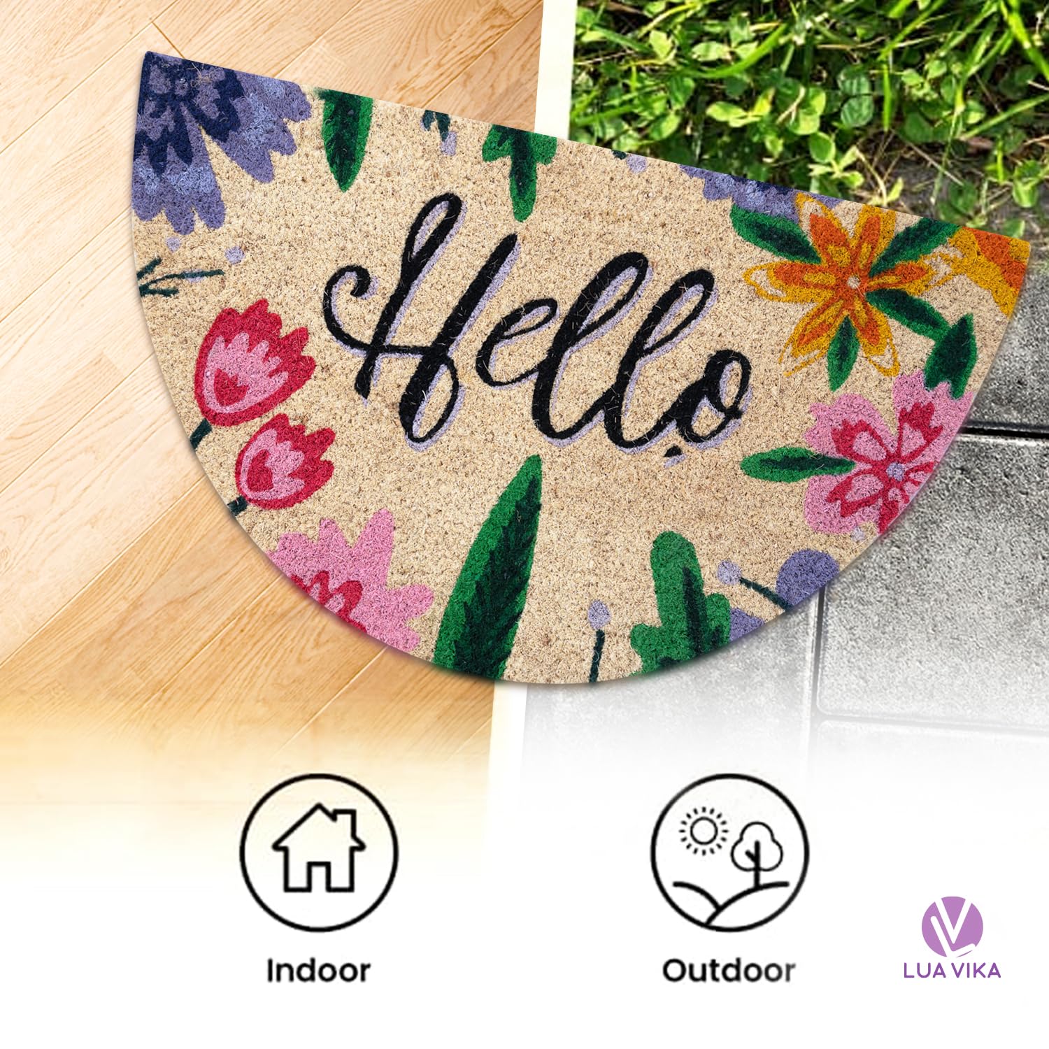 Colorful Lua Vika coir mat adds personality to entryways and traps dirt.