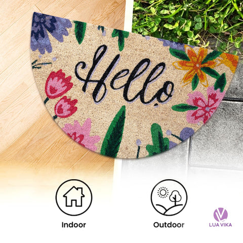 Colorful Lua Vika coir mat adds personality to entryways and traps dirt.